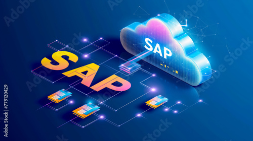 A blue and orange cloud with the word SAP written on it. The cloud is surrounded by a network of lines and dots photo