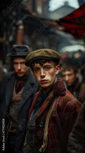Portrait of male worker depicted on the busy streets of London in a 19th century urban setting. Man wearing rugged clothing immersed in the frenetic activity of the Victorian era.