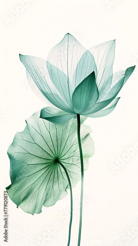 A delicate lotus leaf, with light green and turquoise gradient colors, semi-transparent texture style, flat illustration, white background, minimalist composition © Got Pink?