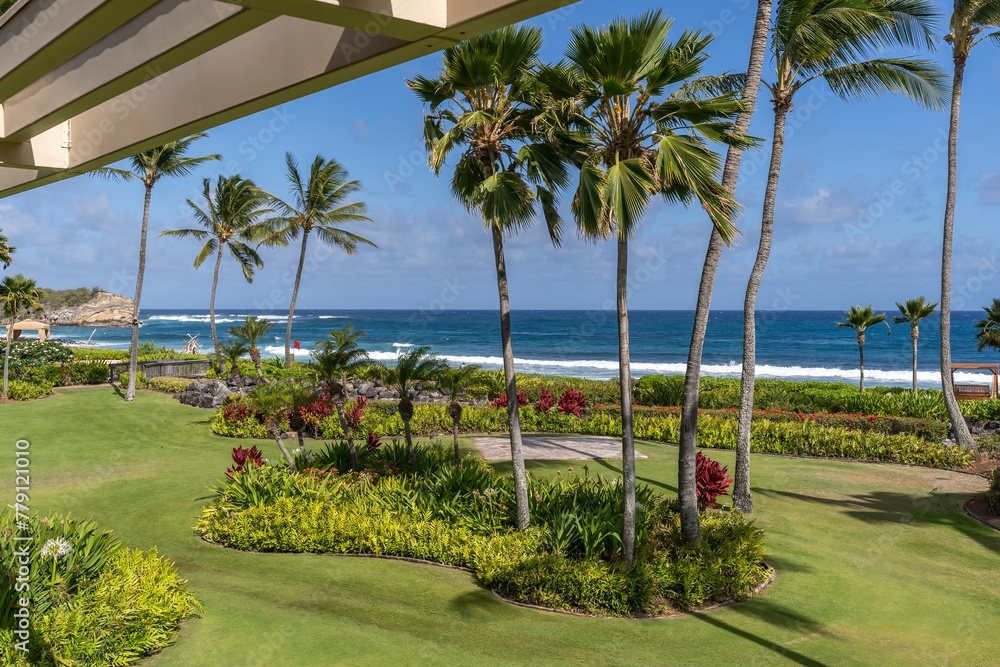 Looking out through the lush palm trees and manicured gardens at Shipwreck Beach in Koloa, Hawaii, USA Looking out through the lush palm trees and manicured gardens at Shipwreck Beach in Koloa, Hawaii, USA