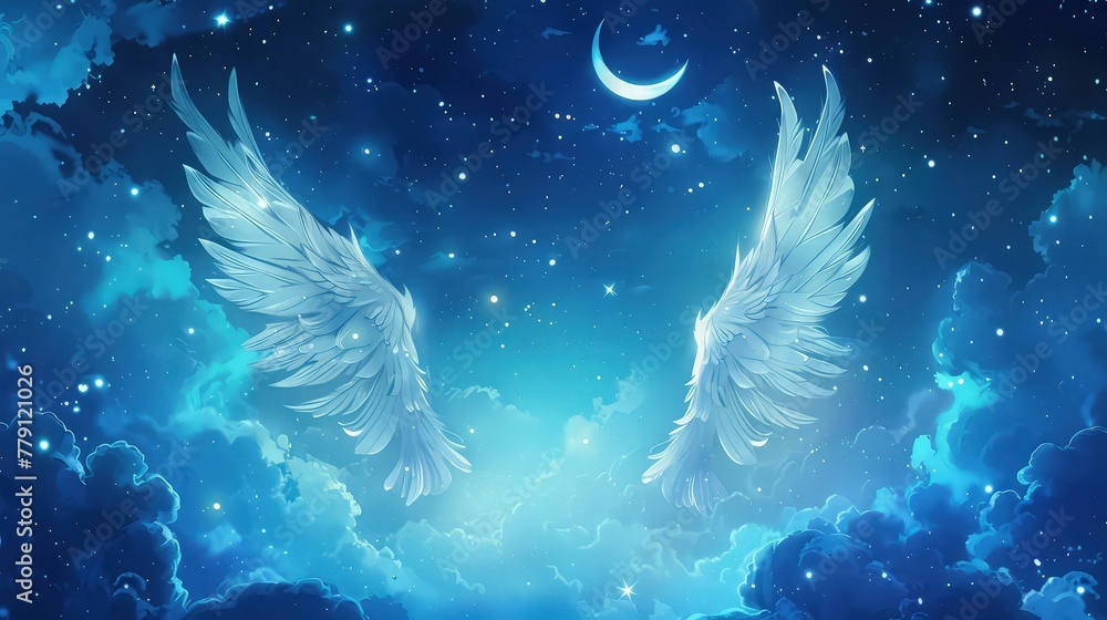 Create a background featuring a star-studded night sky with wispy clouds, complemented by the graceful descent of an angelic feather, evoking a serene and otherworldly ambiance.