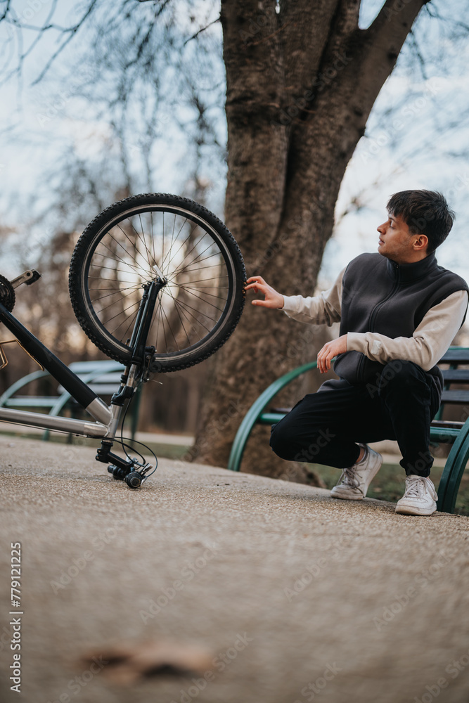 Obraz premium Casual male teenager enjoys a break with his bike in the tranquil park atmosphere.