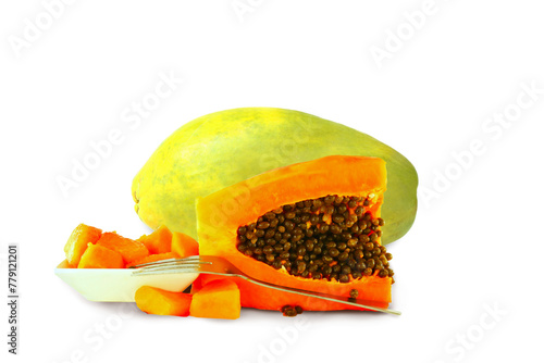 whole and cut papaya in india known as papita with seeds,cutout on transparent background,png format        