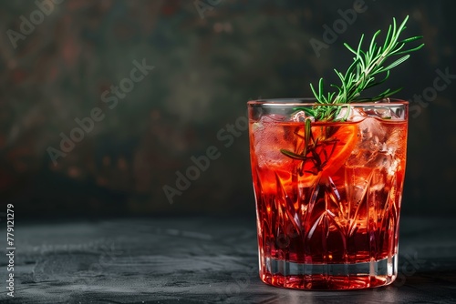 Negroni Sbagliato garnished with a lush rosemary sprig, emphasizing the herbal and citrus notes, vibrant and inviting against a dark, textured background photo