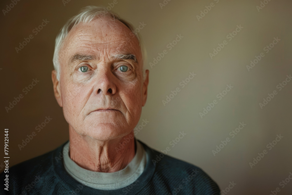 Obraz premium A man with gray hair and green eyes looks at the camera