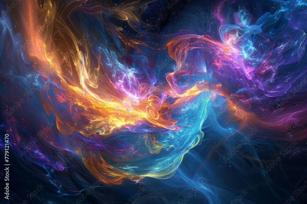 A colorful space with a blue and orange swirl - obrazy, fototapety, plakaty 