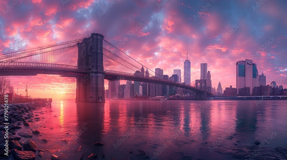 Sunset Over Brooklyn Bridge Illuminating New York City Skyline.