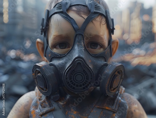 Fetus Wearing Gas Mask in Dystopian Polluted City