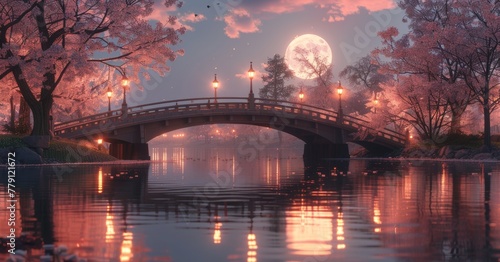 Full Moon Evening Over Tranquil Bridge Amidst Blossoming Trees.