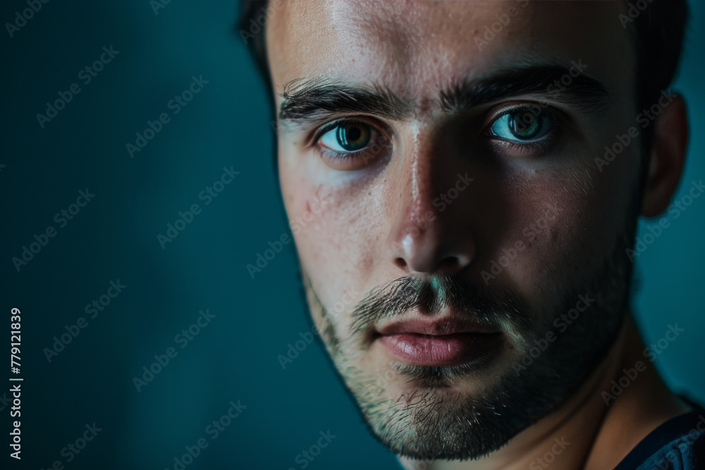 Fototapeta premium A close up of a man 's face with a blue background