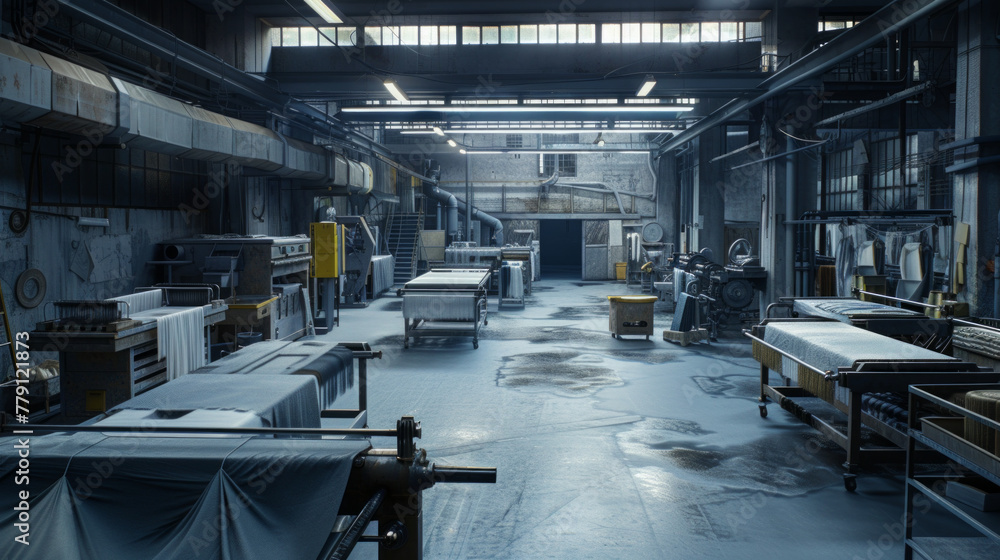 A bustling textile manufacturing plant with weaving machines and dye vats, momentarily quiet but ready to produce fabrics of various colors and textures A bustling textile manufacturing plant with weaving machines and dye vats, momentarily quiet but ready to produce fabrics of various colors and textures