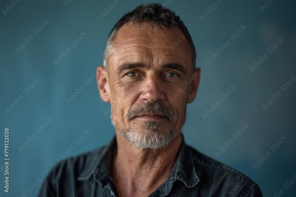 A man with a beard and a black shirt looks at the camera A man with a beard and a black shirt looks at the camera