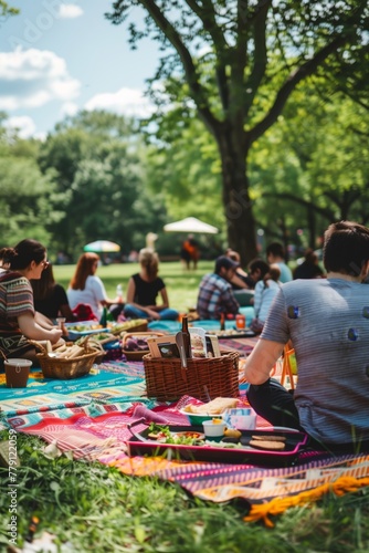 Coworkers enjoying a company picnic in a park or outdoor venue