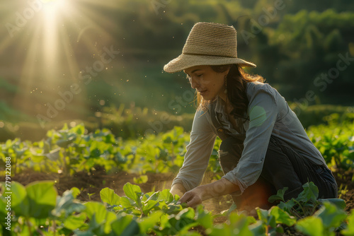 Dedicated woman tending to crops in agricultural field.