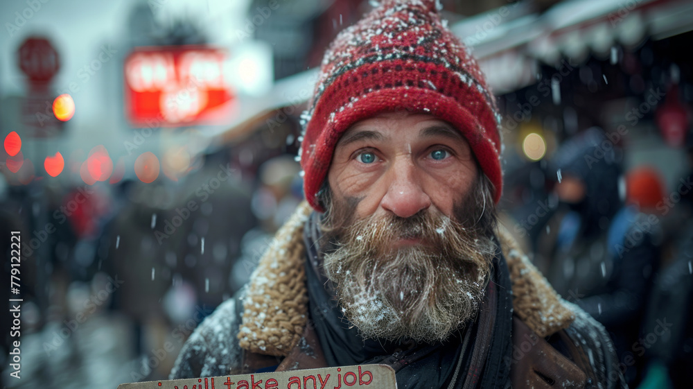 Homeless man holding clear cardboard looking for work.generative ai Homeless man holding clear cardboard looking for work.generative ai