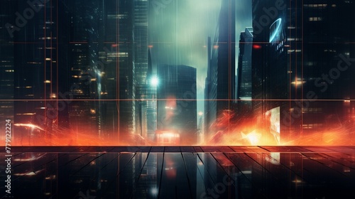 Blazing fire in glass building, distant, urban night lights, catastrophic, cold huestechnology,sci-fi,neon photo