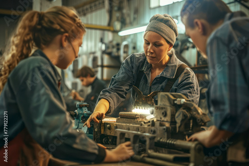 Experienced woman providing guidance to apprentices in workshop.