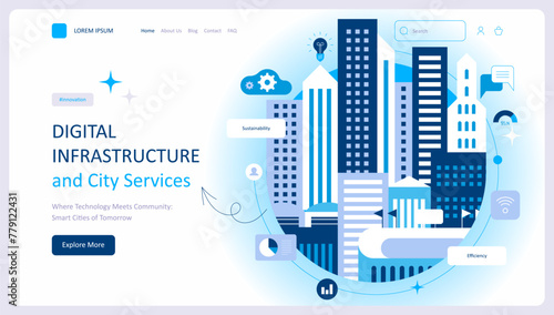 Smart city concept. Landing page website design. Urban landscape with infographic elements. Presentation slide template. Modern vector illustration concepts for website and mobile website development