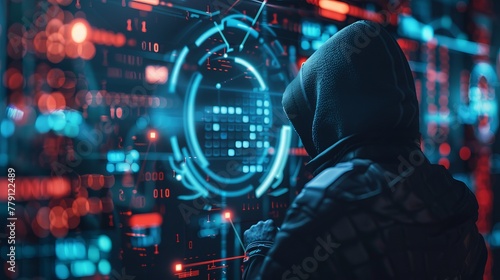 Hacker with hood in digital data center. Cyber       security concept