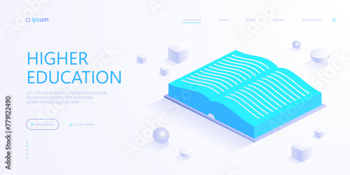 Open book icon. School learning, higher education, knowledge, literature, library or bookstore concept. Dictionary or textbook. Isometric vector illustration for visualization of business presentation photo