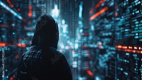 Lone figure in neon-lit cyber data tunnel. Cyber ​​security concept