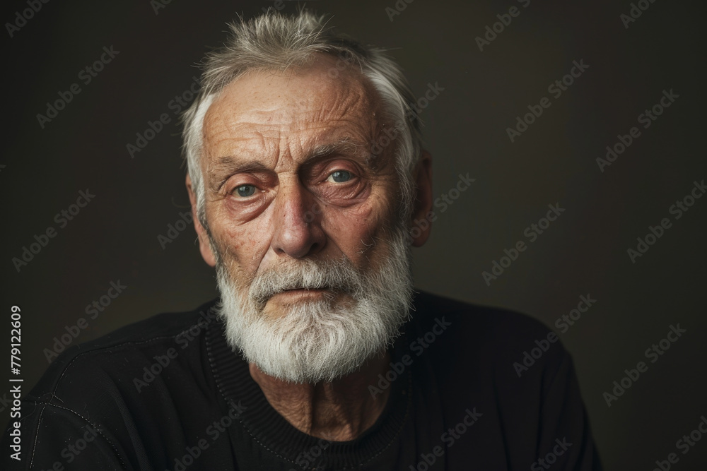Obraz premium An older man with a beard is wearing a black shirt