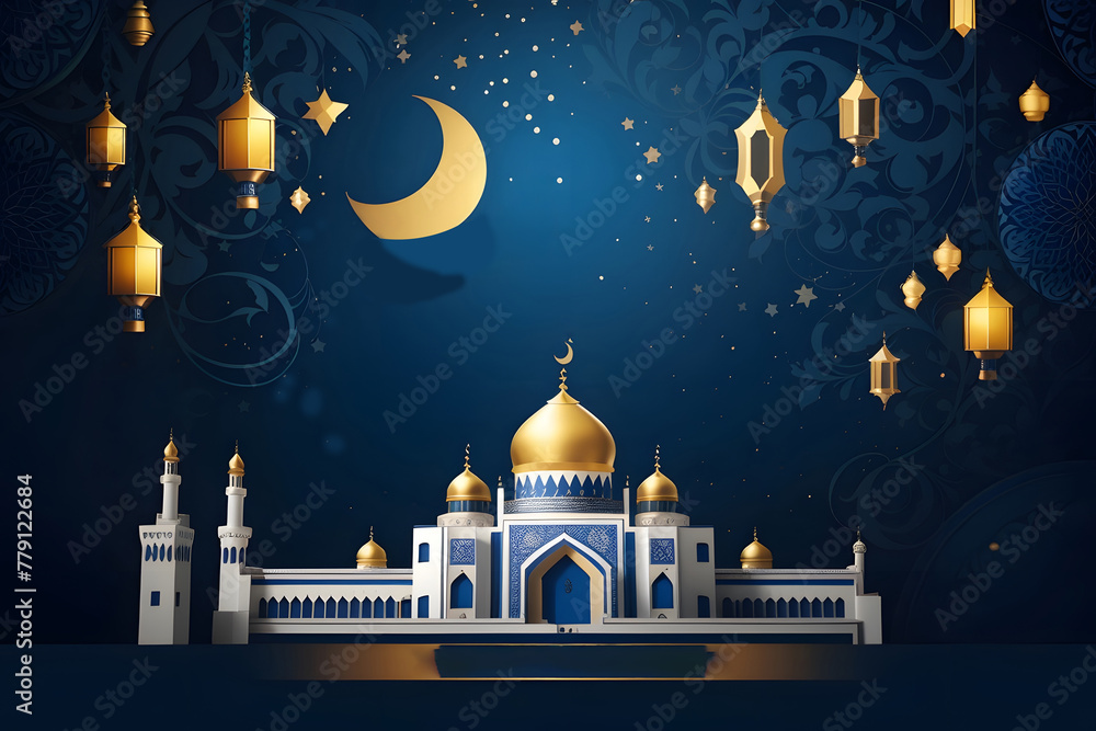 Islamic concept poster for Ramadan Kareem or Eid al-Adha celebration featuring a Muslim mosque on a dark blue background.