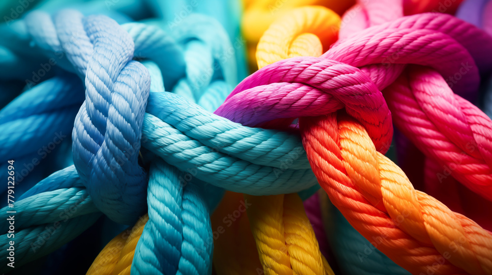 Colored ropes connected together in interdependence. Ropes joining together in a corporate symbol of cooperation and collaboration. Joining a partnership. Synergy and cohesion Colored ropes connected together in interdependence. Ropes joining together in a corporate symbol of cooperation and collaboration. Joining a partnership. Synergy and cohesion
