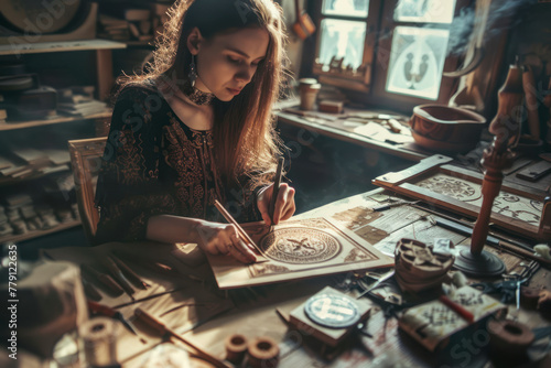 Skilled woman crafting intricate designs at her workbench. photo