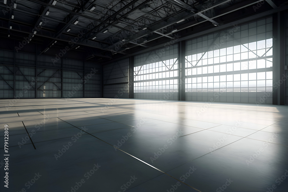 3d rendering of an empty warehouse with large windows and floor tiles 3d rendering of an empty warehouse with large windows and floor tiles