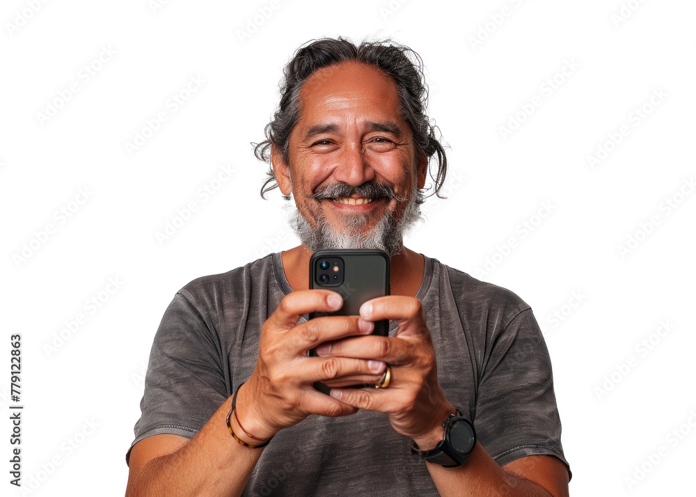 Native American Man with Smartphone Smiling Native American Man with Smartphone Smiling
