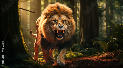 Close up of face Lion in forest. Wild animal lion. King of the forest, strong, formidable 