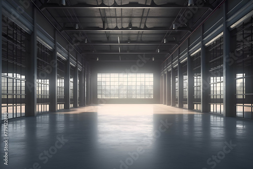 Industrial interior with large windows and sunlight. 3D Rendering