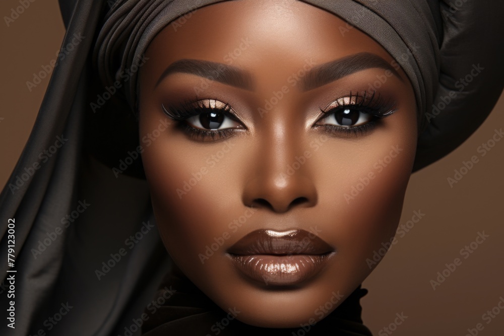a realistic photo of a close-up of a African model with smokey gray eyes, matching blush and bronzer, and a deep lip. a realistic photo of a close-up of a African model with smokey gray eyes, matching blush and bronzer, and a deep lip.