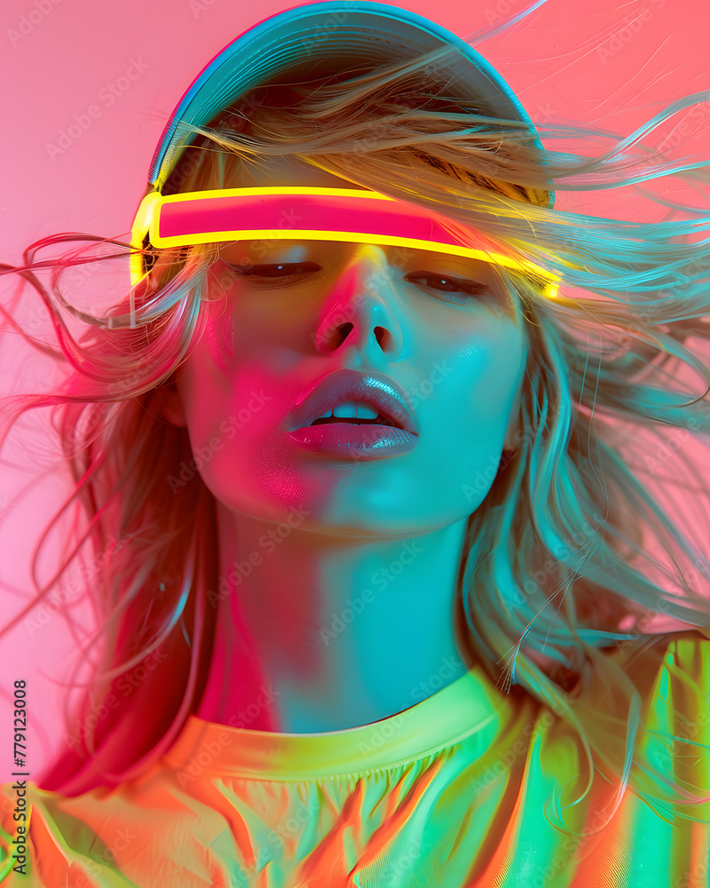 Close-up fashion portrait of a glamour woman wearing glasses in neon light 