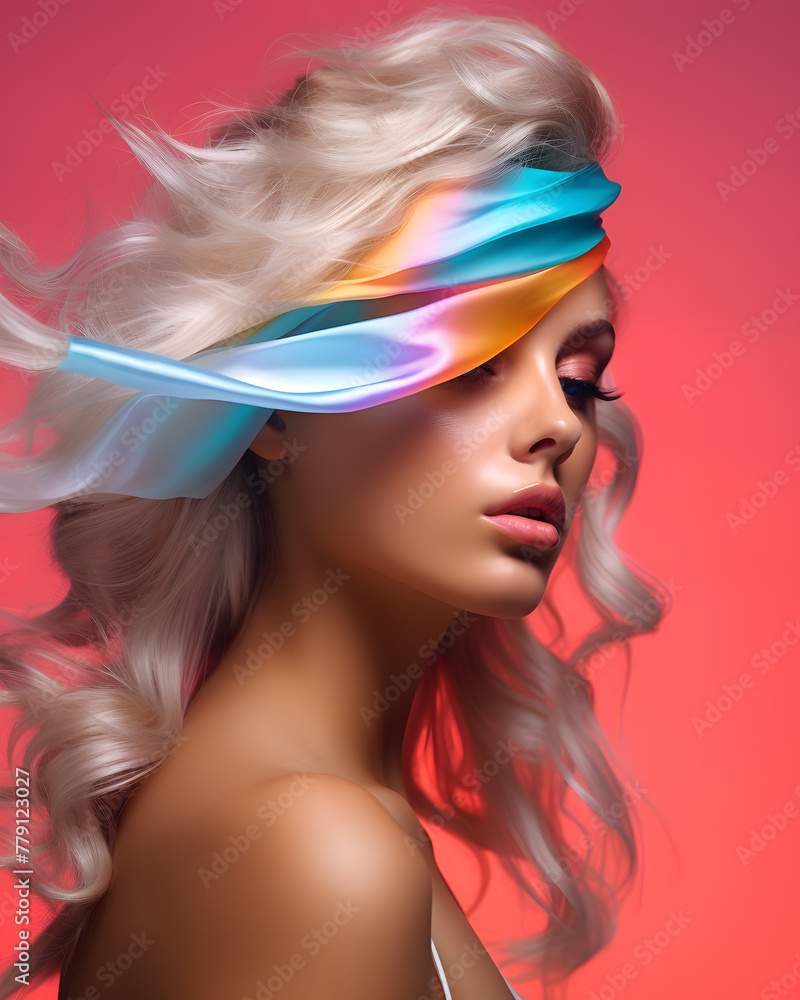 Close-up fashion portrait of a glamour woman wearing glasses in neon light 