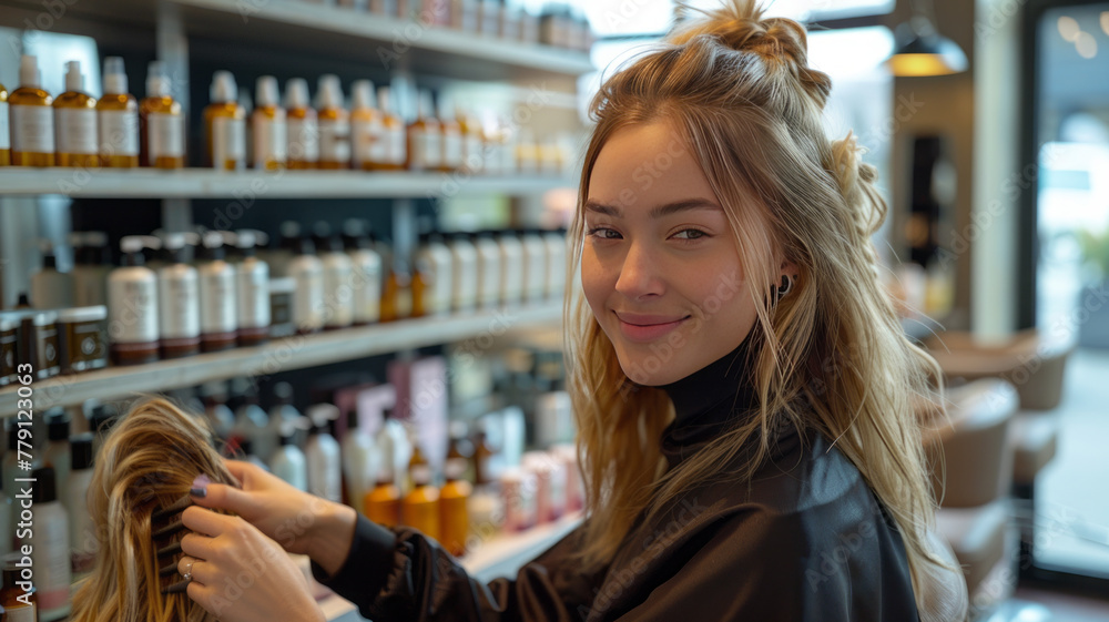 female hairstylist working on beautiful woman hair,generative ai female hairstylist working on beautiful woman hair,generative ai