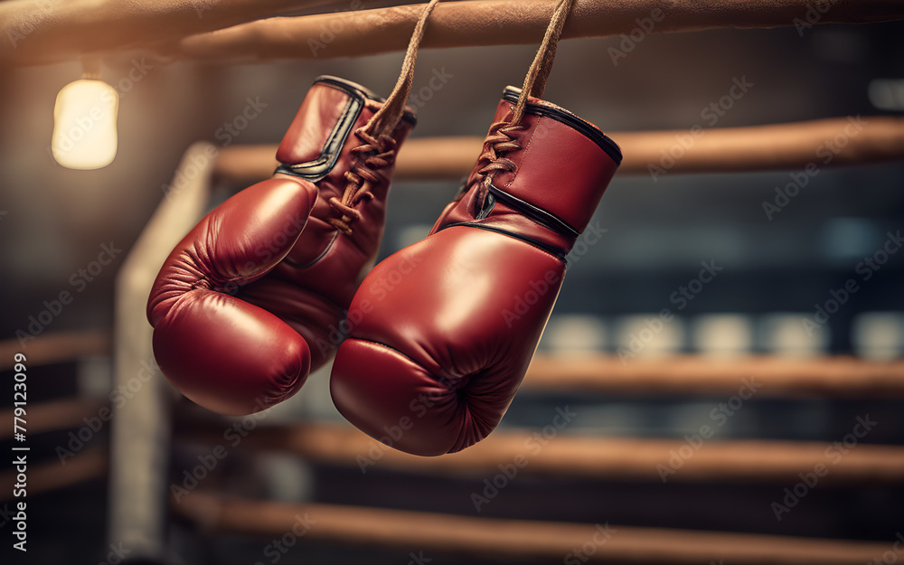A pair of boxing gloves hanging on a peg, symbolizing strength and endurance, with a defocused boxing ring in the background