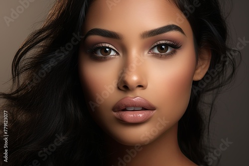 a realistic photo of a close-up of a latina model with smokey gray eyes, matching blush and bronzer