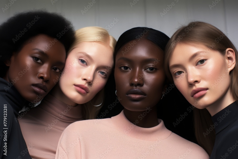 A realistic photo of diverse group of 5 models showcasing different skin tones wearing the same monochromatic makeup palette A realistic photo of diverse group of 5 models showcasing different skin tones wearing the same monochromatic makeup palette
