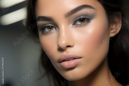 Close-up of a model with smokey gray eyes, matching blush and bronzer
