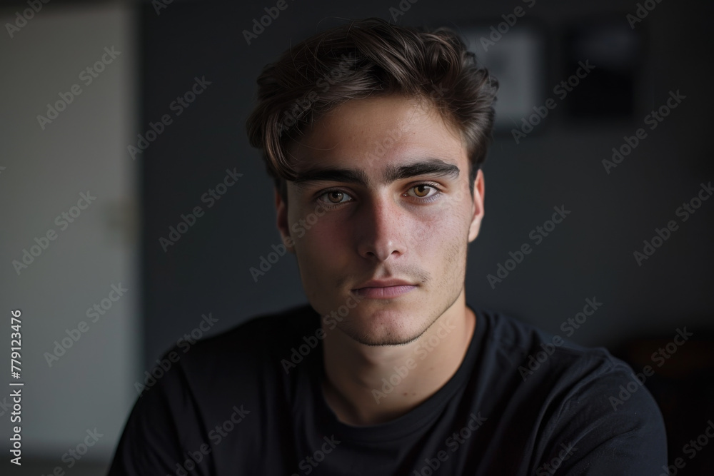 A young man in a black shirt looks at the camera A young man in a black shirt looks at the camera