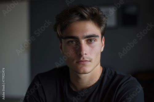 A young man in a black shirt looks at the camera
