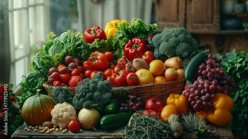 Dietary fiber  including vegetable and fruit  on the dinner table generative ai