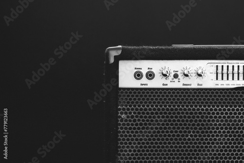 black guitar amplifier, black and white photography