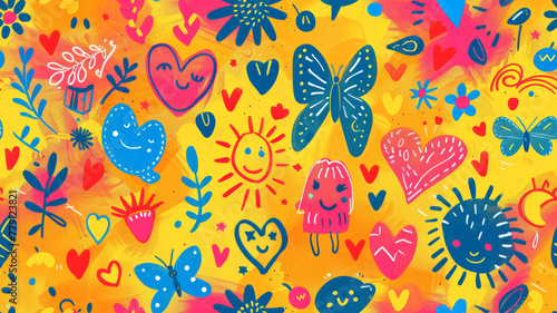 Wallpaper Mural Colorful children hand drawn vector pattern with child, butterfly and sun symbols,generative ai Torontodigital.ca