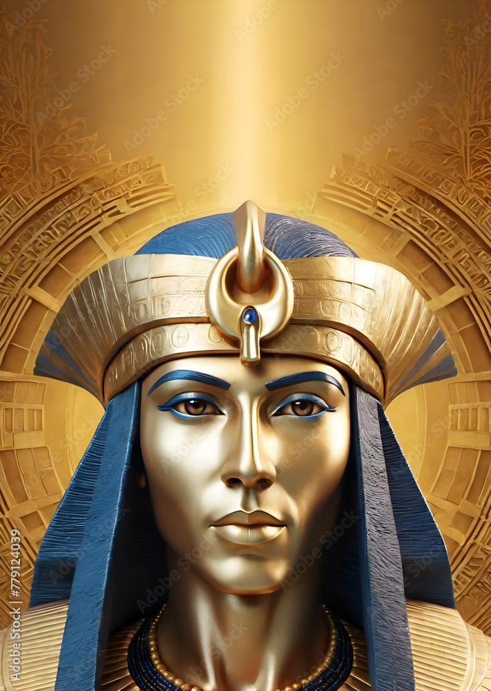 golden face of Pharaoh, Egyptian god against golden traditional ornamental background. Egypt mythology. conceptual art. Ai generated