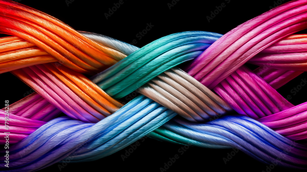 Colored ropes connected together in interdependence. Ropes joining together in a corporate symbol of cooperation and collaboration. Joining a partnership. Synergy and cohesion Colored ropes connected together in interdependence. Ropes joining together in a corporate symbol of cooperation and collaboration. Joining a partnership. Synergy and cohesion