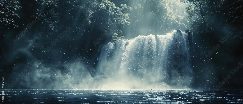 Waterfall in deep forest. Panoramic view of waterfall in deep forest - obrazy, fototapety, plakaty 