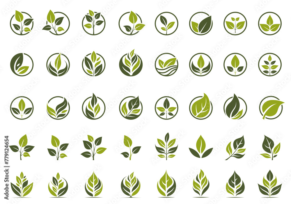 eco and organic icon set. green plant and leaves conceptual illustrations. isolated vector images in flat design - obrazy, fototapety, plakaty 